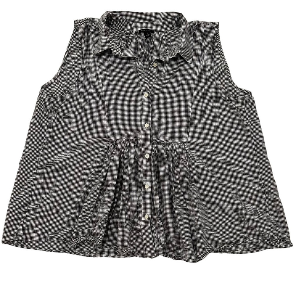 Ann Taylor Black and White Gingham Plaid Pleated Tunic Cotton Top 100% cotton